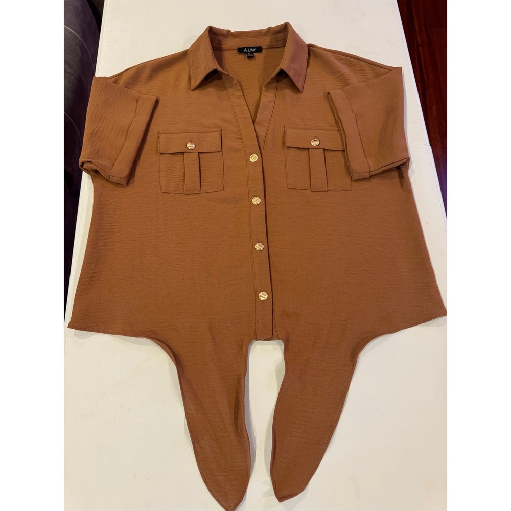 AUW Brown Button Down Tie Front Cropped Shirt Womens Medium Short Sleeve Top - Picture 2 of 4